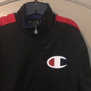 Champion track jacket, Size XL Black with red blue and white trim